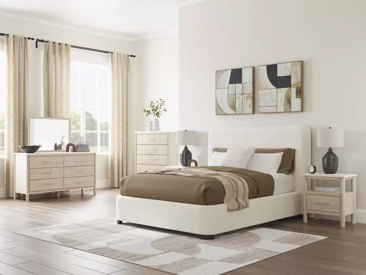 Whittgate Beige Performance Fabric Queen Upholstered Panel Bed