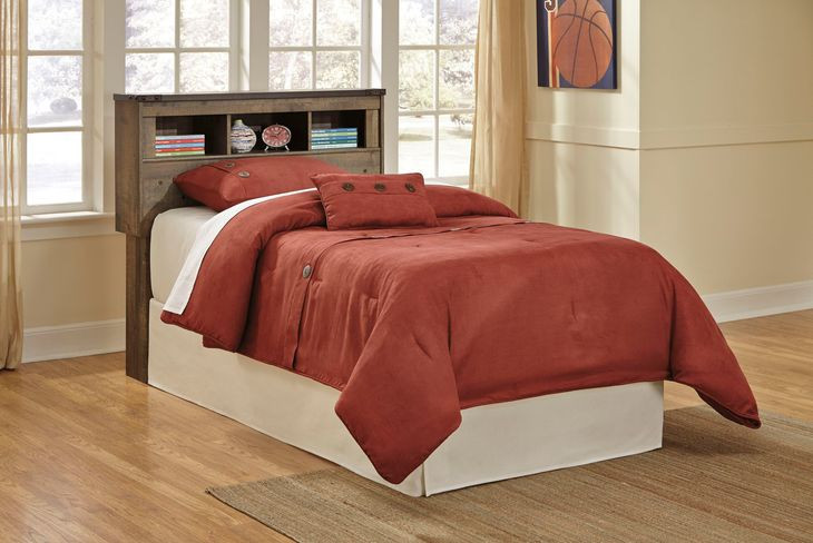 Trinell Warm Rustic Plank Twin Bookcase Headboard with Nailhead Trim