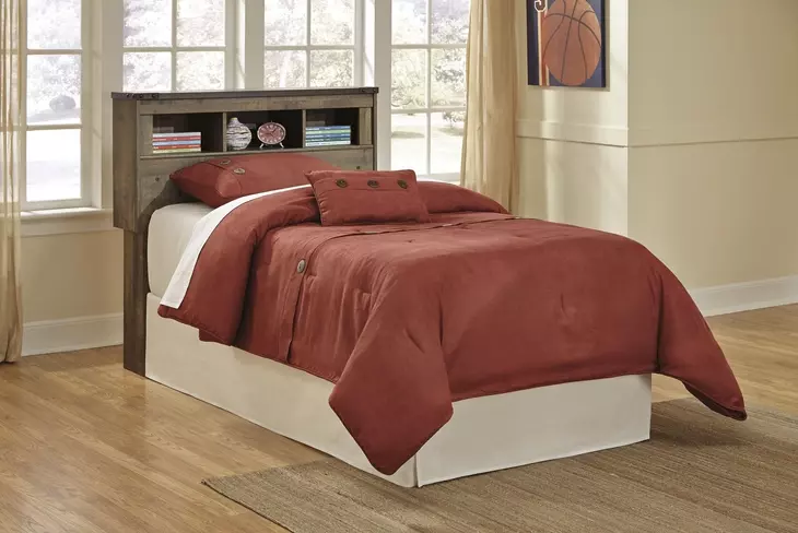 Trinell Warm Rustic Plank Twin Bookcase Headboard with Nailhead Trim