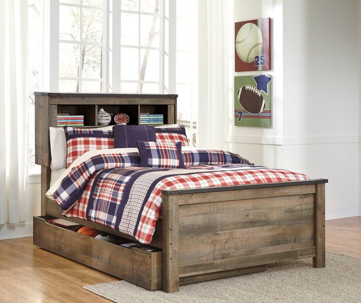 Trinell Brown Full Bookcase Storage Bed with Nailhead Trim