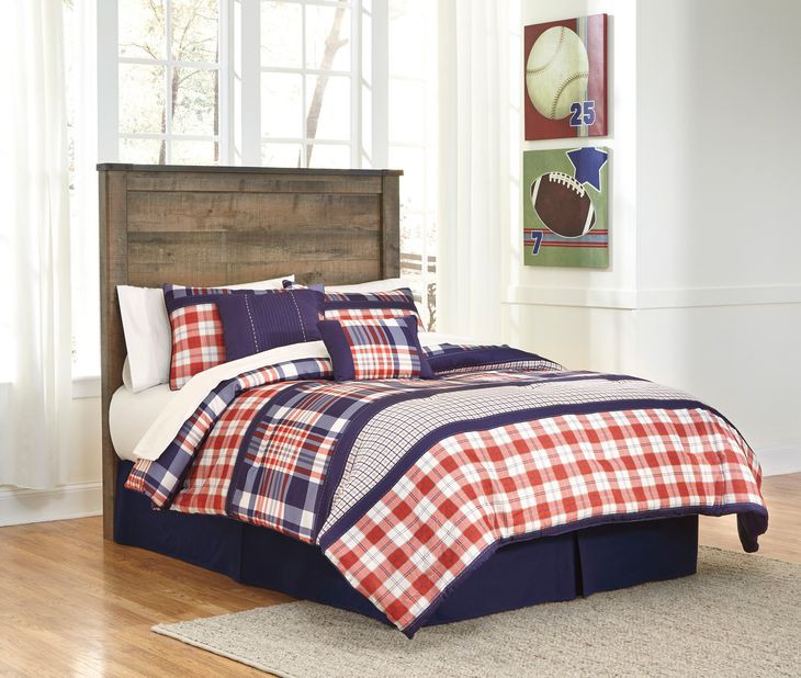 Trinell Warm Rustic Plank Full Panel Headboard with Nailhead Trim