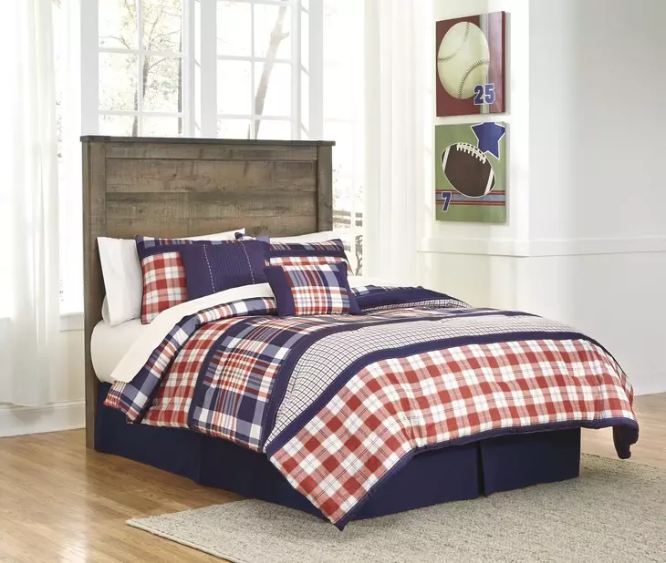 Trinell Warm Rustic Plank Full Panel Headboard with Nailhead Trim