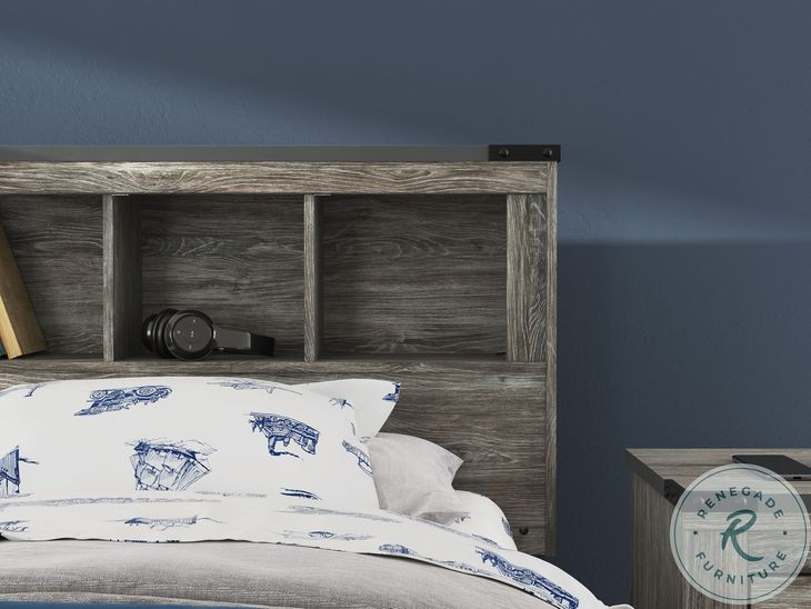 Frandern Gray Twin Bookcase Panel Bed with Storage