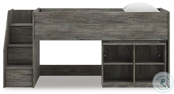 Frandern Gray Twin Loft Bed with Bookcase Storage