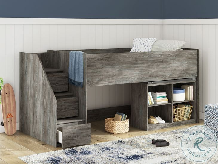 Frandern Gray Twin Loft Bed with Bookcase Storage