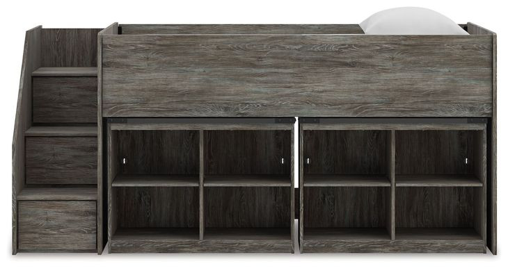 Frandern Warm Gray Twin Loft Bed with Bookcase Storage