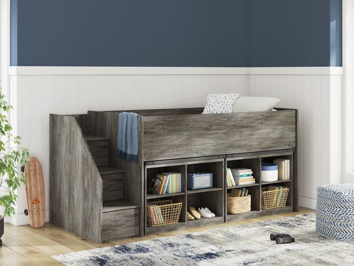 Frandern Warm Gray Twin Loft Bed with Bookcase Storage