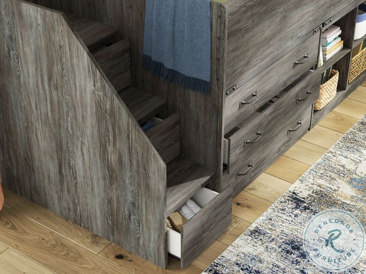 Frandern Gray Twin Loft Bed with Bookcase and Drawer Storage