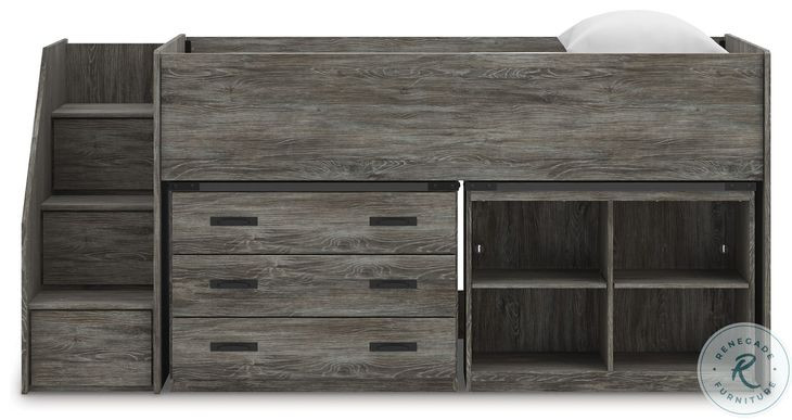 Frandern Gray Twin Loft Bed with Bookcase and Drawer Storage