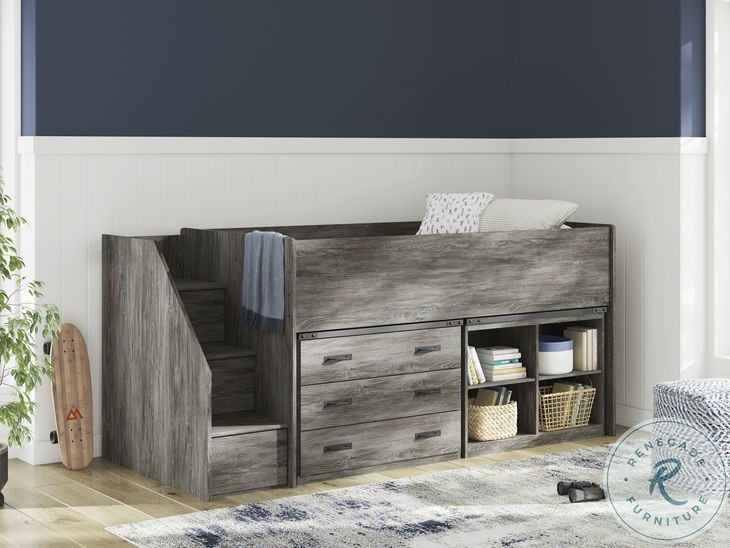 Frandern Gray Twin Loft Bed with Bookcase and Drawer Storage