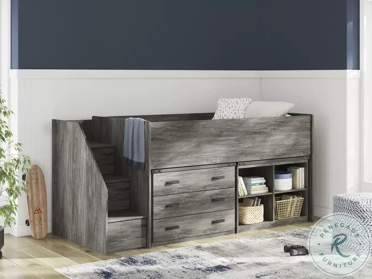 Frandern Gray Twin Loft Bed with Bookcase and Drawer Storage