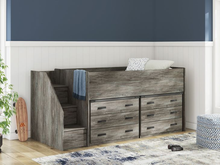 Frandern Warm Gray Twin Loft Bed with Drawer Storage