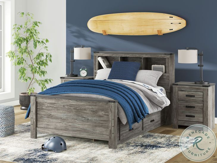 Frandern Gray Full Bookcase Panel Bed with Storage