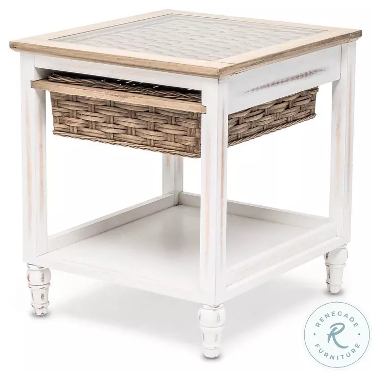 Ocean Mist Weathered White 1 Basket Rectangular End Table
