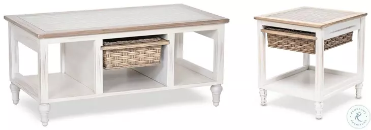 Ocean Mist Weathered White 1 Basket Rectangular Ocassional Table Set