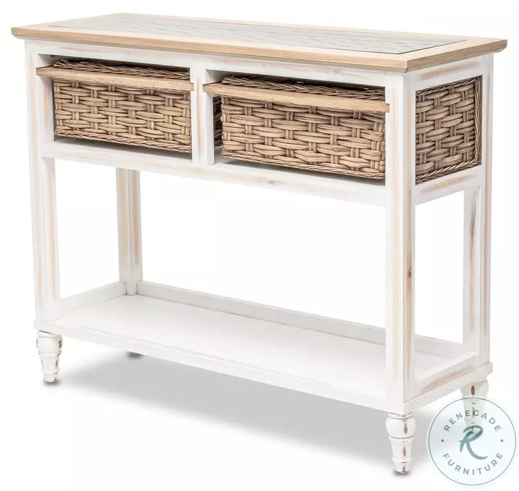 Ocean Mist Weathered White 2 Basket Rectangular Console Table