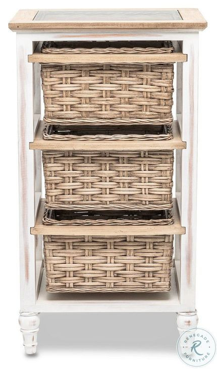 Ocean Mist Weathered Wood and White Distressed 3 Basket Storage Cabinet