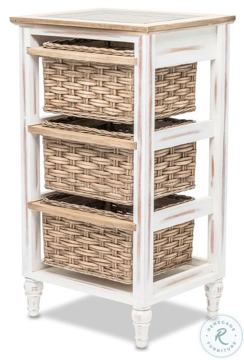 Ocean Mist Weathered Wood and White Distressed 3 Basket Storage Cabinet