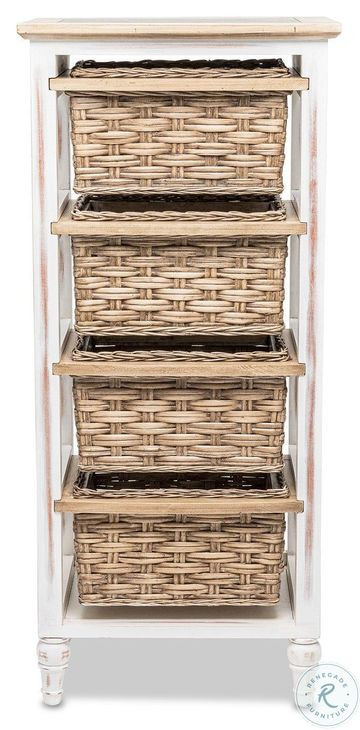 Ocean Mist Weathered Wood and White Distressed 4 Basket Vertical Storage Cabinet