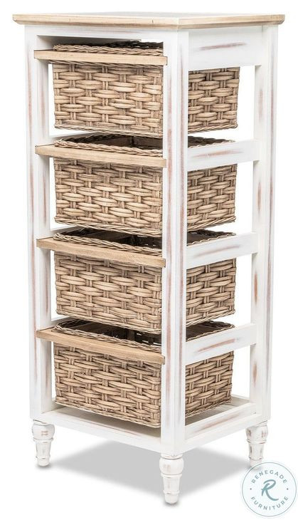 Ocean Mist Weathered Wood and White Distressed 4 Basket Vertical Storage Cabinet