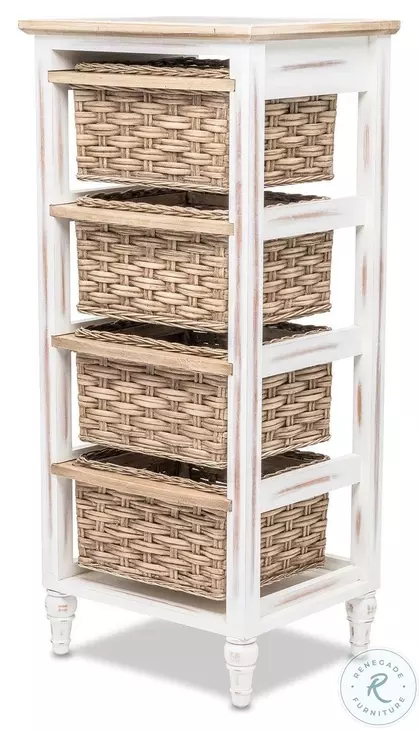 Ocean Mist Weathered Wood and White Distressed 4 Basket Vertical Storage Cabinet