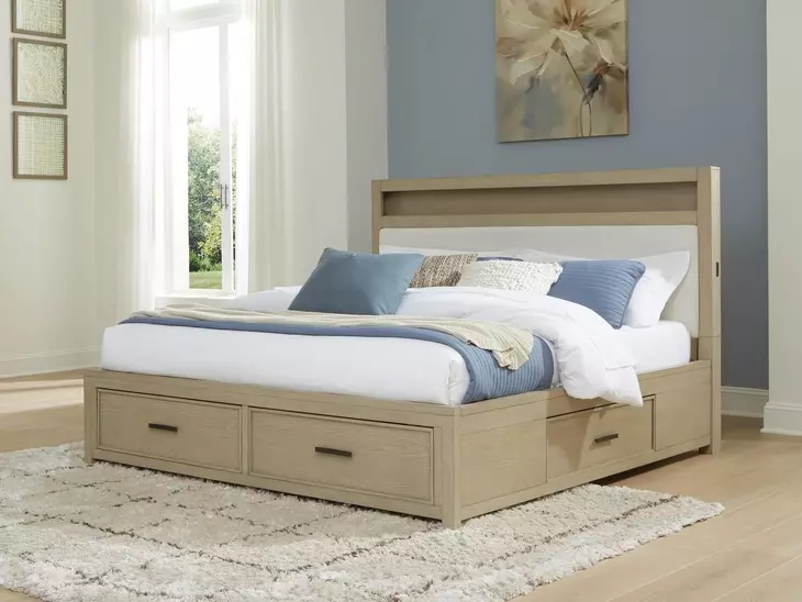 Calmoro Gray Wash and White Upholstered Bookcase Storage Panel Bedroom Set with USB Charging