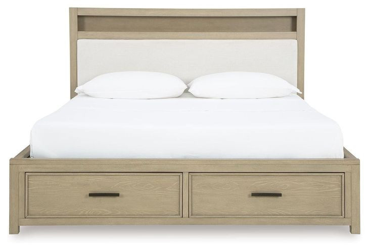 Calmoro Gray Wash and White Queen Upholstered Bookcase Storage Panel Bed with USB Charging