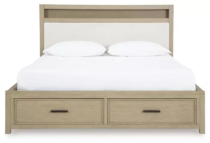 Calmoro Gray Wash and White Queen Upholstered Bookcase Storage Panel Bed with USB Charging