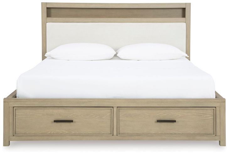 Calmoro Gray Wash and White King Upholstered Bookcase Storage Panel Bed with USB Charging