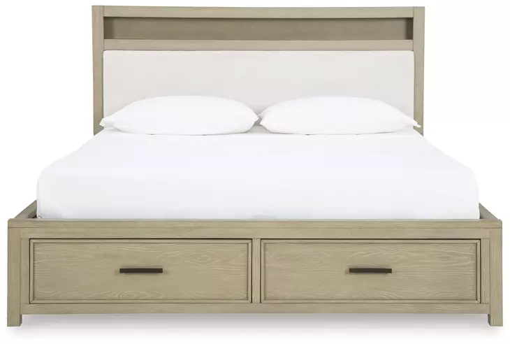 Calmoro Gray Wash and White King Upholstered Bookcase Storage Panel Bed with USB Charging