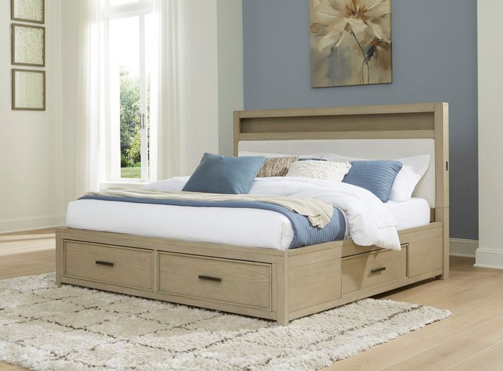 Calmoro Gray Wash and White King Upholstered Bookcase Storage Panel Bed with USB Charging