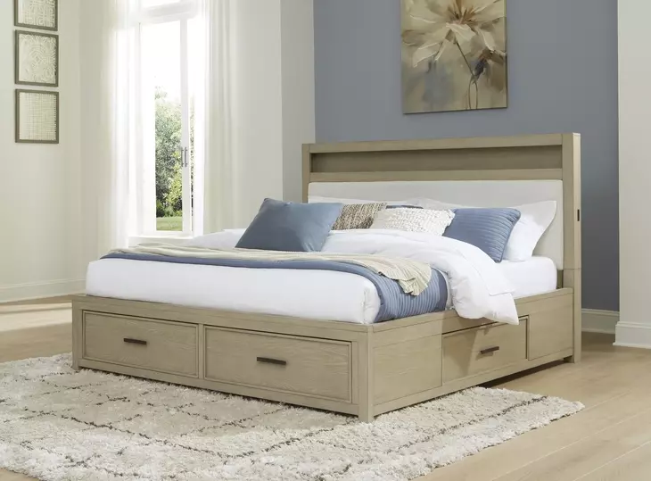 Calmoro Gray Wash and White King Upholstered Bookcase Storage Panel Bed with USB Charging