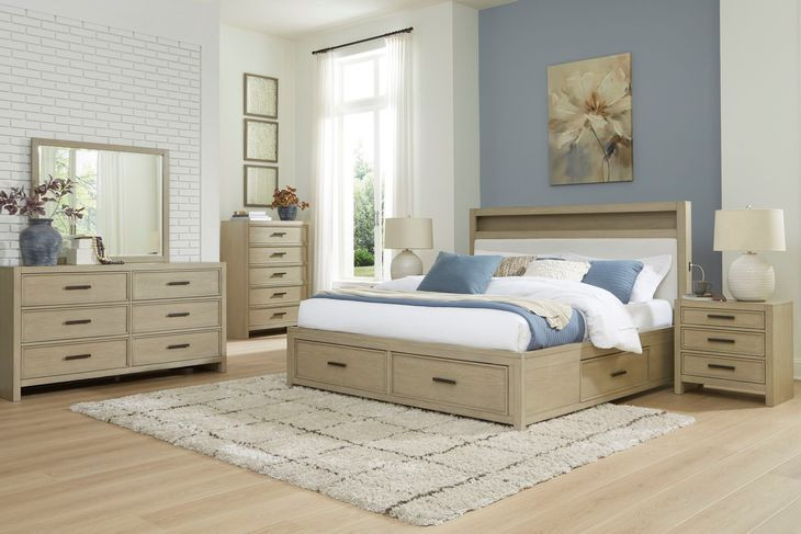 Calmoro Gray Wash and White Upholstered Bookcase Storage Panel Bedroom Set with USB Charging