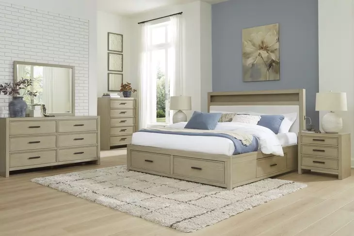 Calmoro Gray Wash and White Upholstered Bookcase Storage Panel Bedroom Set with USB Charging