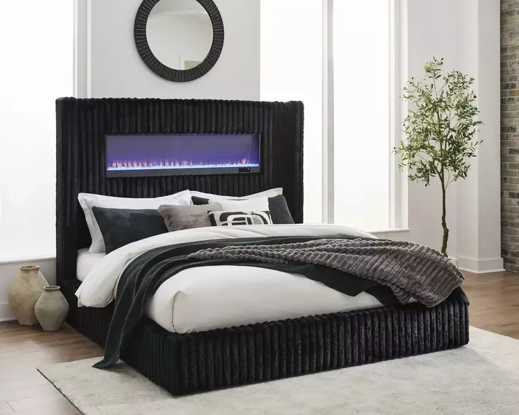 Agrander Black King Upholstered Platform Bed with LED