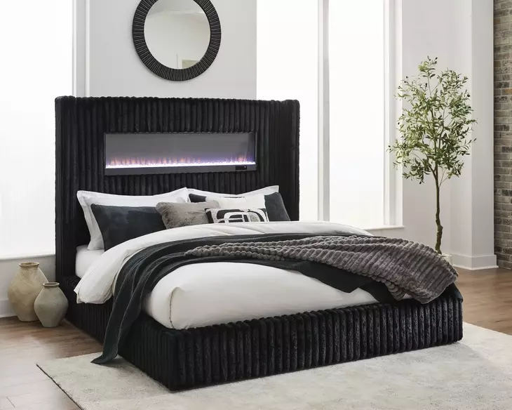 Agrander Black King Upholstered Platform Bed with LED