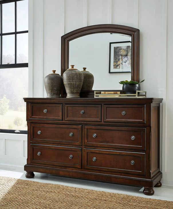 Porter Rustic Brown 7 Drawer Dresser and Arched Mirror
