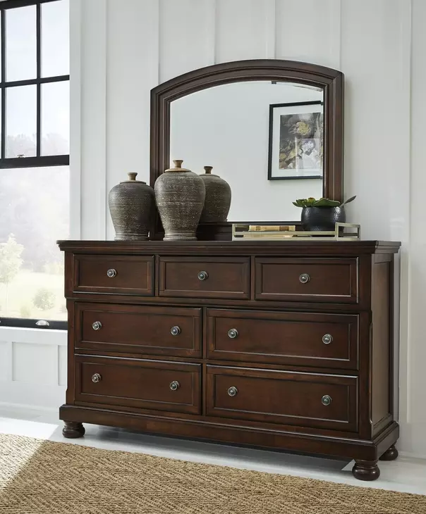Porter Rustic Brown 7 Drawer Dresser and Arched Mirror