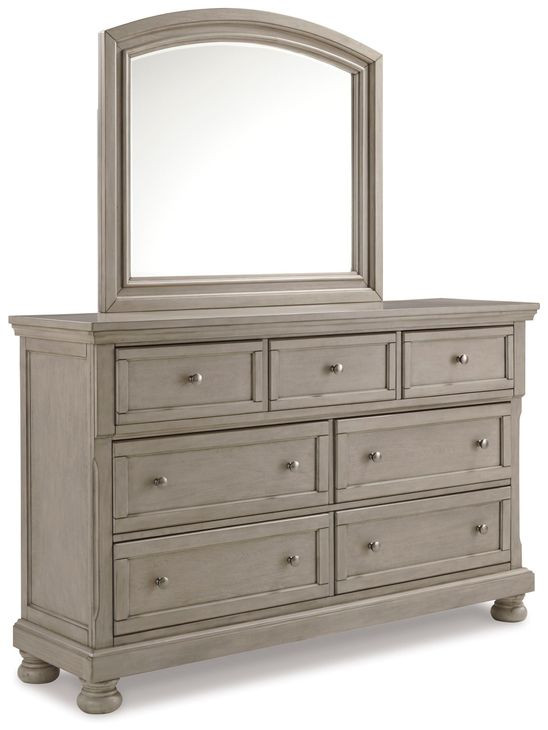 Lettner Light Gray 7 Drawer Dresser and Arched Mirror