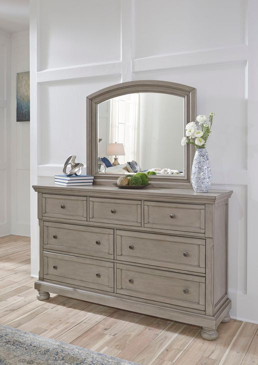 Lettner Light Gray 7 Drawer Dresser and Arched Mirror