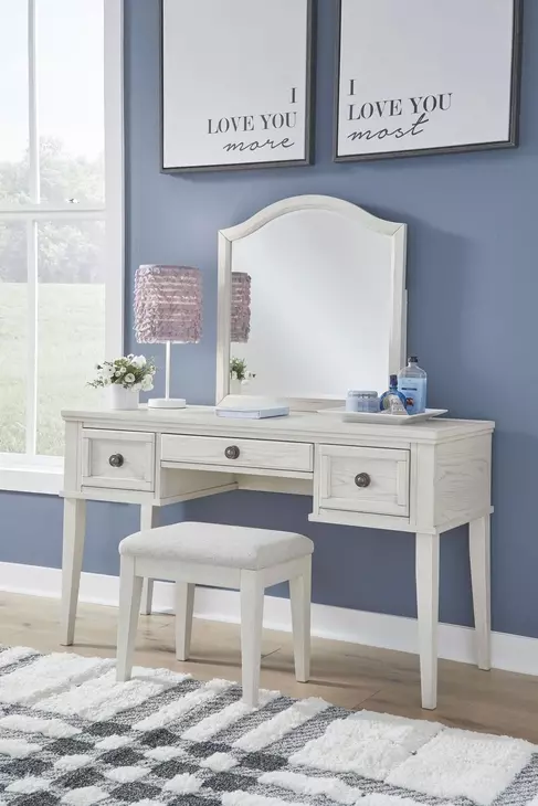 Robbinsdale Antique White Mirrored Vanity Desk with Bench
