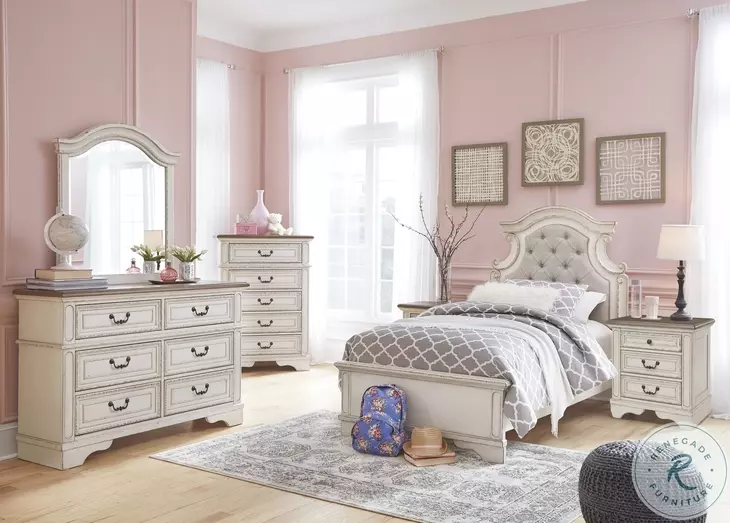 Realyn Chipped White Twin Upholstered Panel Bed