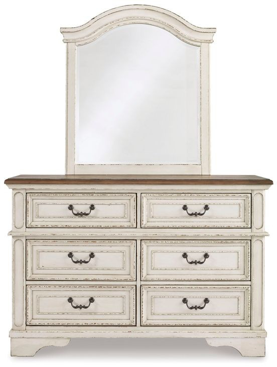 Realyn Chipped White and Brown 6 Drawer Dresser and Arched Mirror
