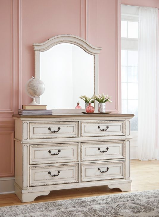 Realyn Chipped White and Brown 6 Drawer Dresser and Arched Mirror