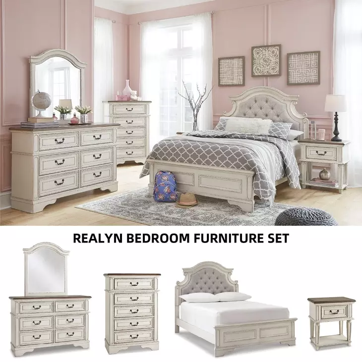 Realyn Chipped White Vanity with Mirror and Stool