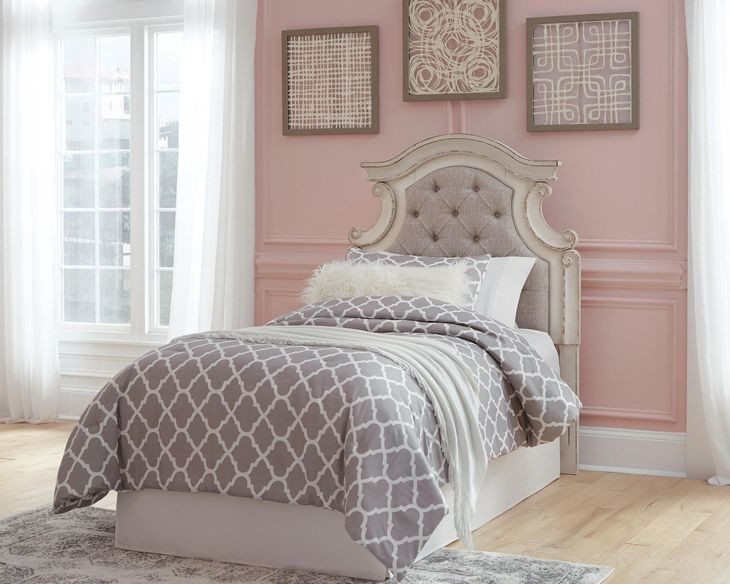 Realyn Chipped White and Gray Twin Upholstered Panel Headboard