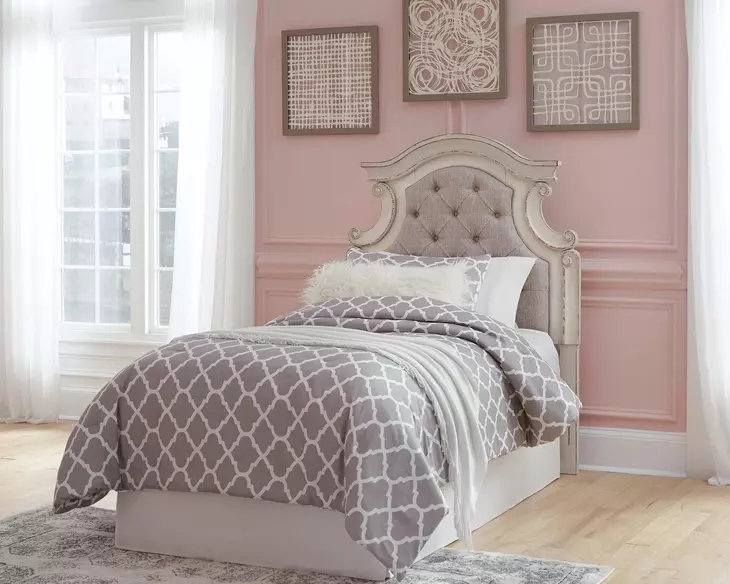 Realyn Chipped White and Gray Twin Upholstered Panel Headboard