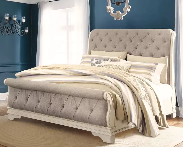 Realyn Gray and Distressed White California King Upholstered Sleigh Bed