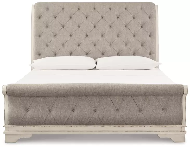 Realyn Gray and Distressed White California King Upholstered Sleigh Bed