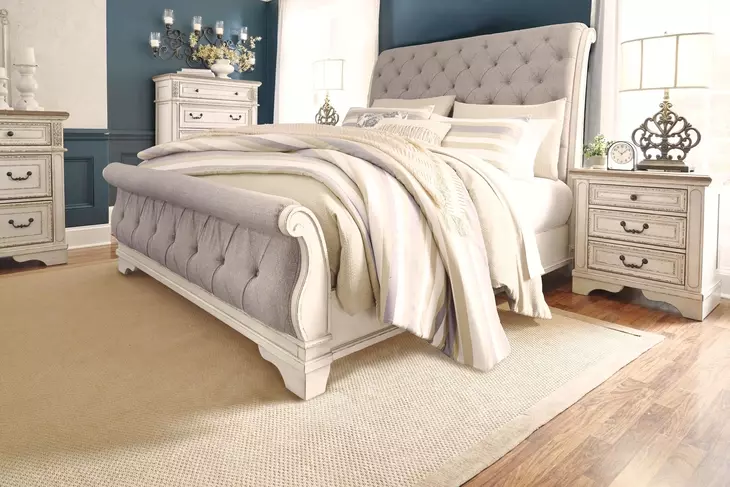Realyn Gray and Distressed White California King Upholstered Sleigh Bed